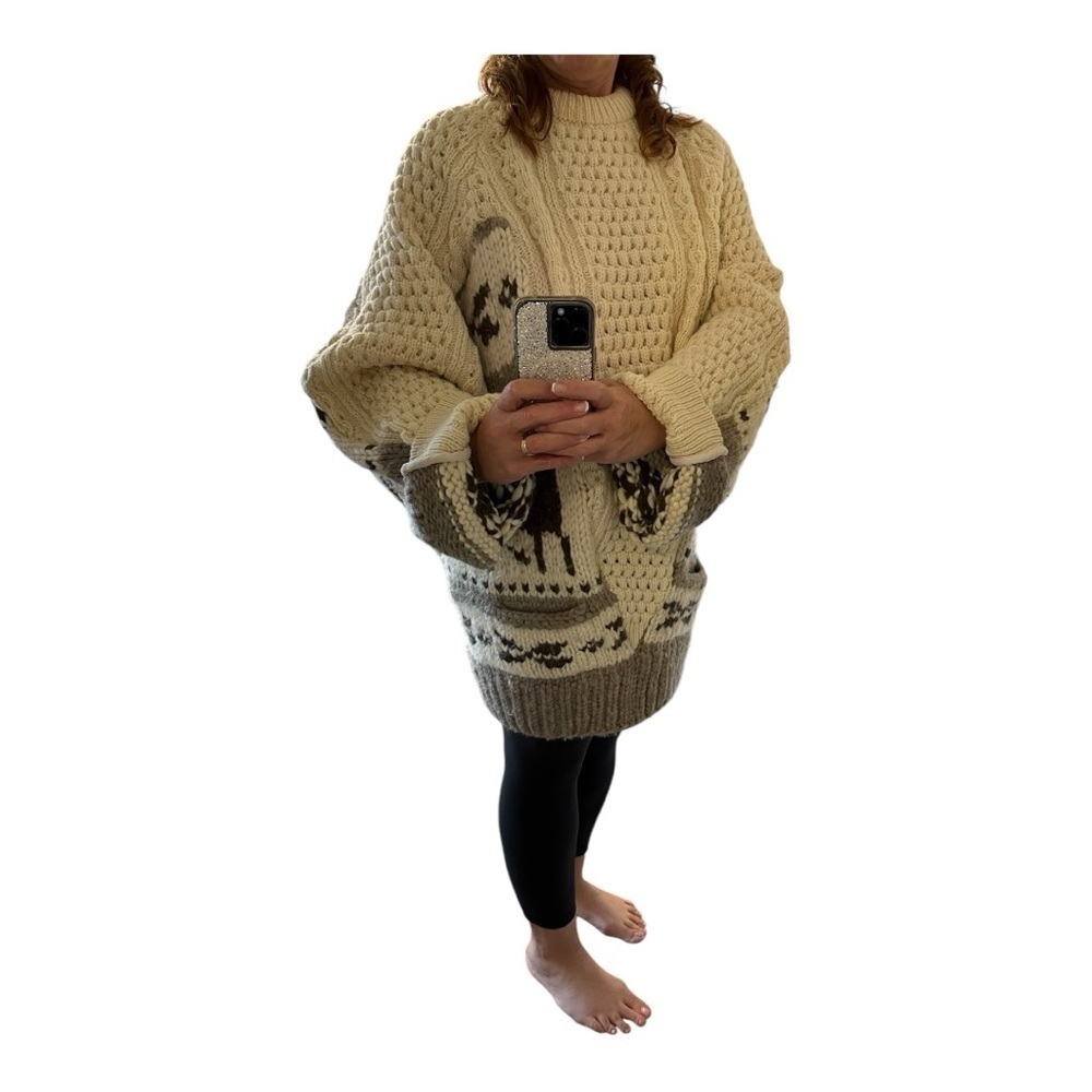 YAH YAH Cowichan Reindeer Wool Sweater Patched Big Knit Thick Chunky Unique OS